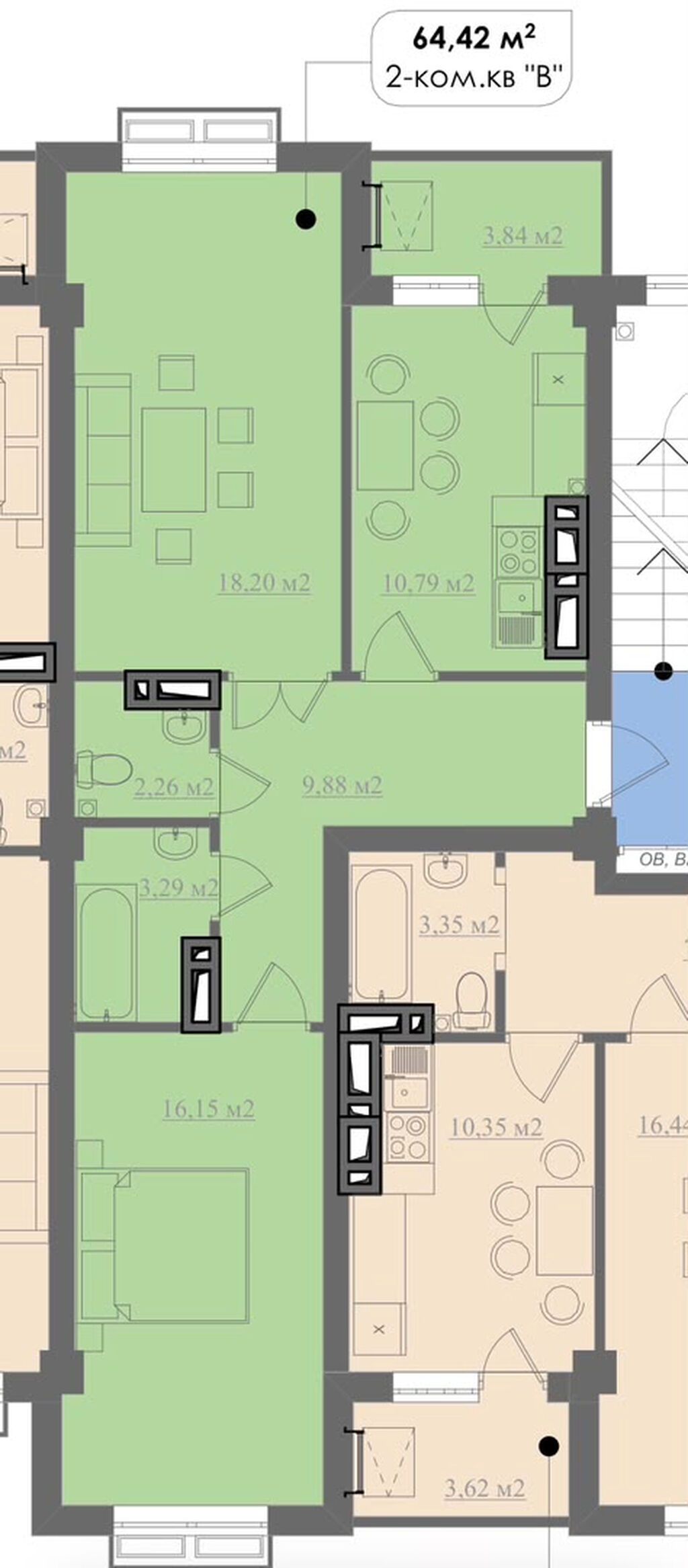 2 комнаты, 64 м², Технопарк Элитка, 2 этаж, ПСО (под самоотделку)