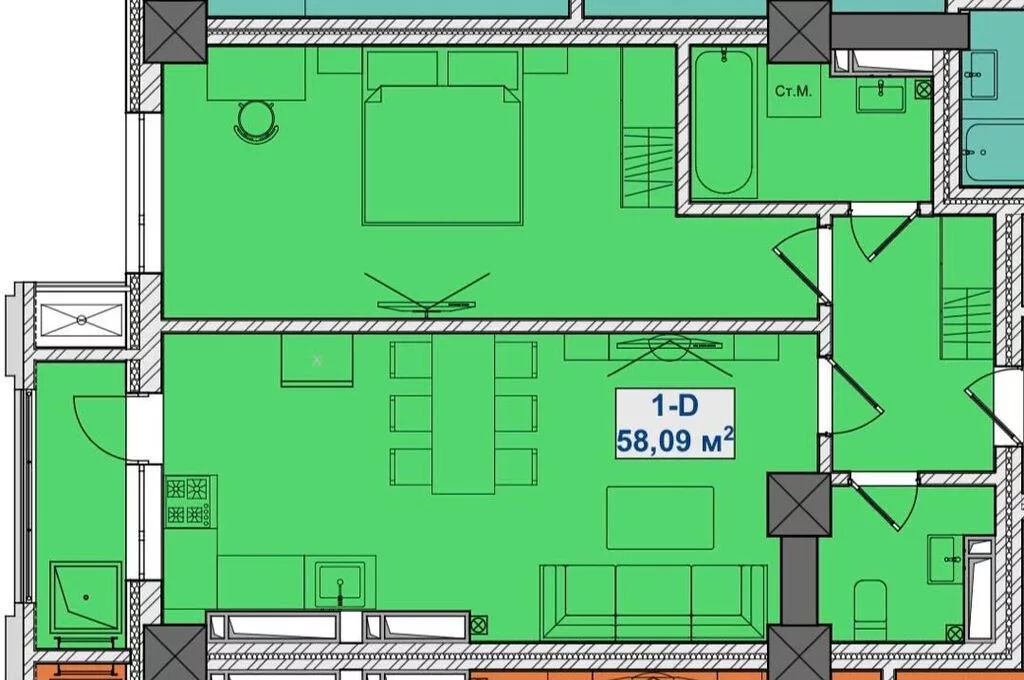 Студия, 58 м²