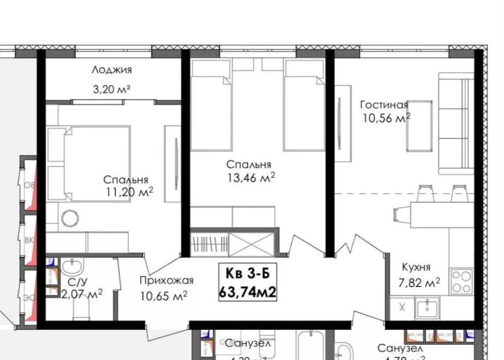 2 комнаты, 63 м², 11 этаж