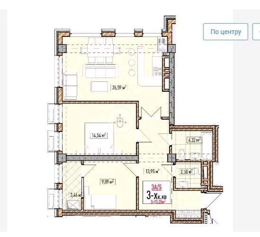 Элитка, 3 комнаты, 75 м²