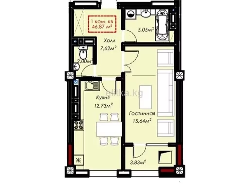 Строится, Элитка, 1 комната, 47 м²