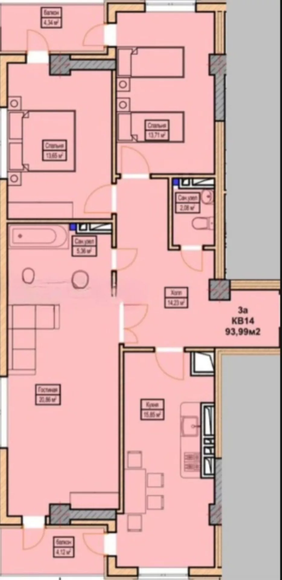 3 комнаты, 94 м², Асанбай мкр Элитка, 2 этаж, ПСО (под самоотделку)